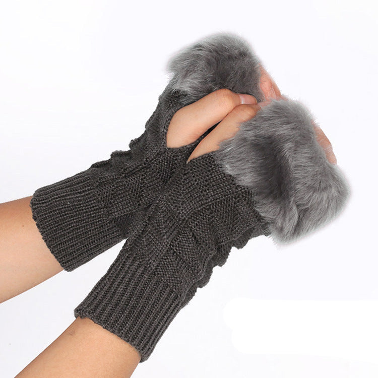 Fur Mid-Length Knit Half Finger Computer Gloves