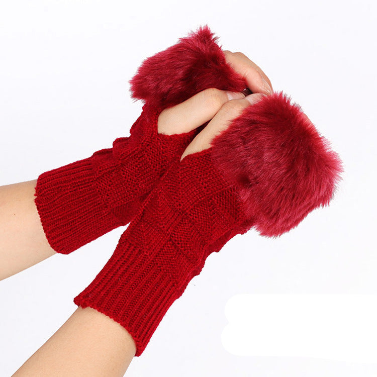 Fur Mid-Length Knit Half Finger Computer Gloves