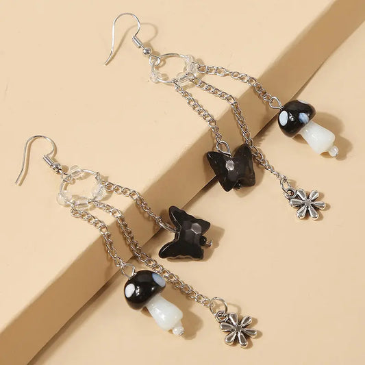 Women Long Chain Butterfly Mushroom Earrings