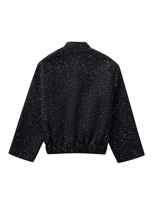 Veste courte à manches longues et col montant à paillettes brillantes Y2k pour femme