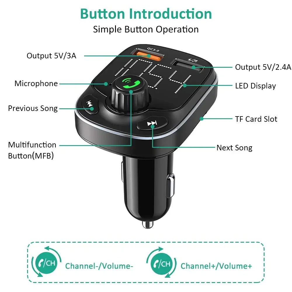 Bluetooth 5.0 FM Transmitter Car Kit with 5A Quick Charger and MP3 Player