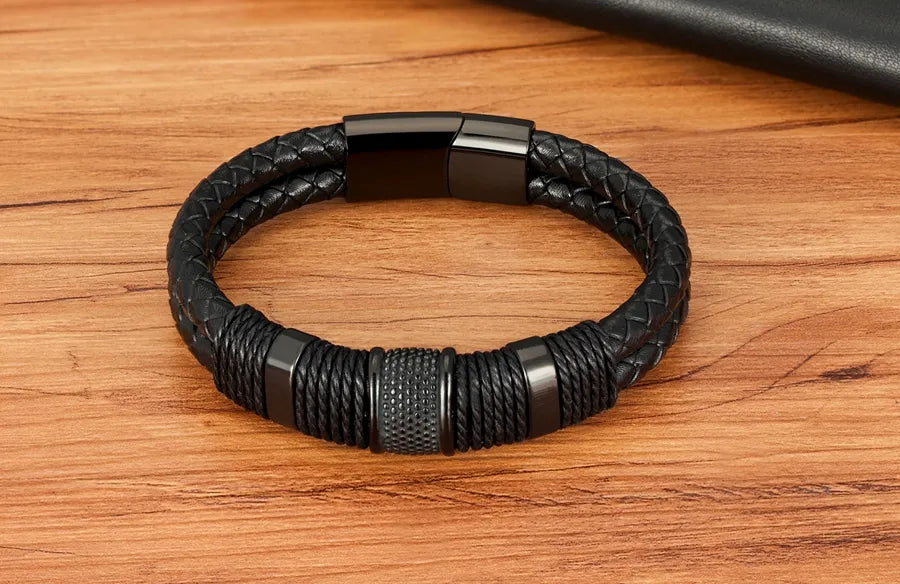 Stylish Double-Layer Woven Leather Bracelet for Men