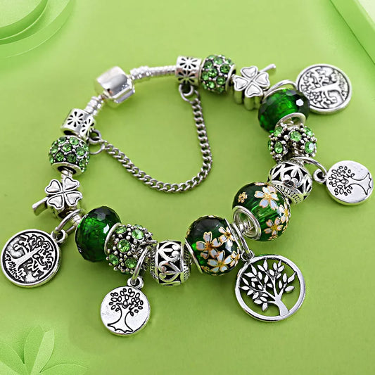 Green Leaf Floral Crystal Bead Bracelets