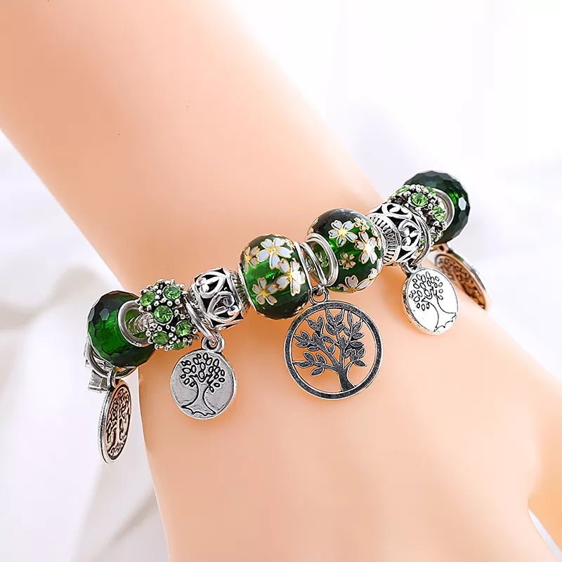 Green Leaf Floral Crystal Bead Bracelets
