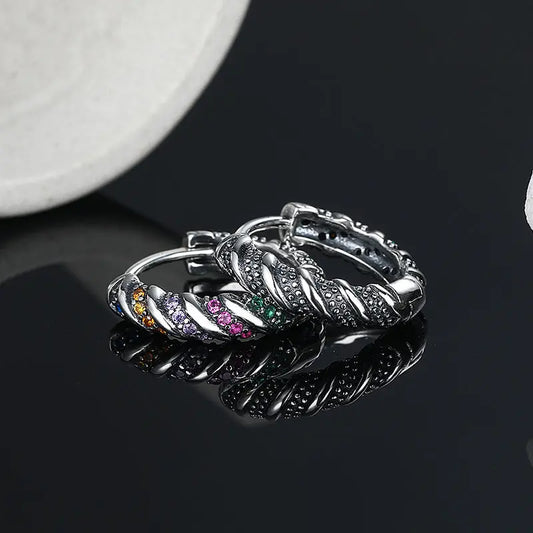 Boucles D'oreilles Rayées Colorées Argent Massif Elégance