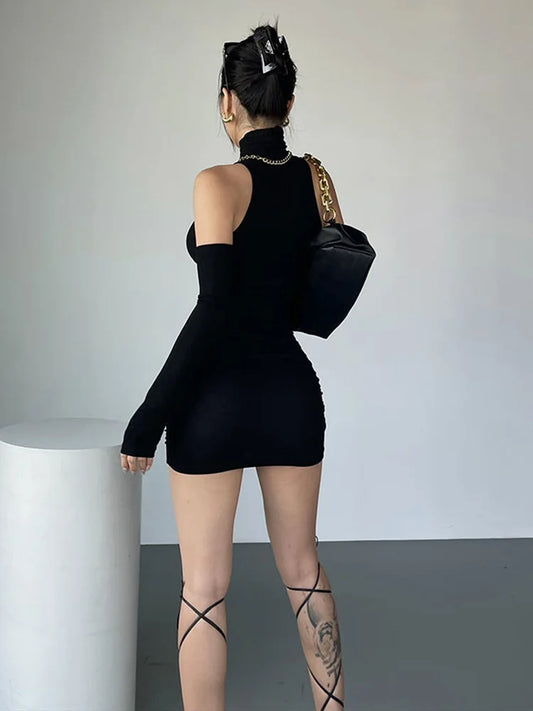 Women's Pleated Bodycon Mini Dress - High Neck