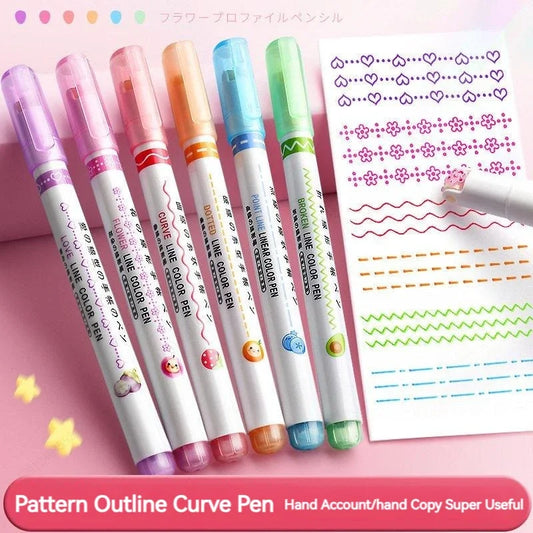 6-Piece Flower Line Highlighter Pen Set - Roller Tip Curve Liner Marker