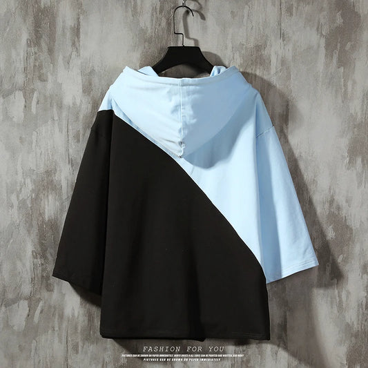 American Retro Half Sleeve Hoodies T-shirt Sweatshirts Men Hooded Casual Young Hip Hop Male Lace Up Hoodies big X Print