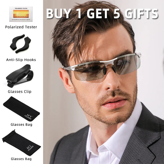 Photochrome polarisierte Sonnenbrille aus Aluminium für Herren, Tag und Nacht, blendfrei, UV-Chamäleon-Brille