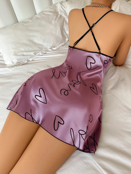 Women's Heart Letter Print Round Neck Spaghetti Strap Sleepwear Nightdress