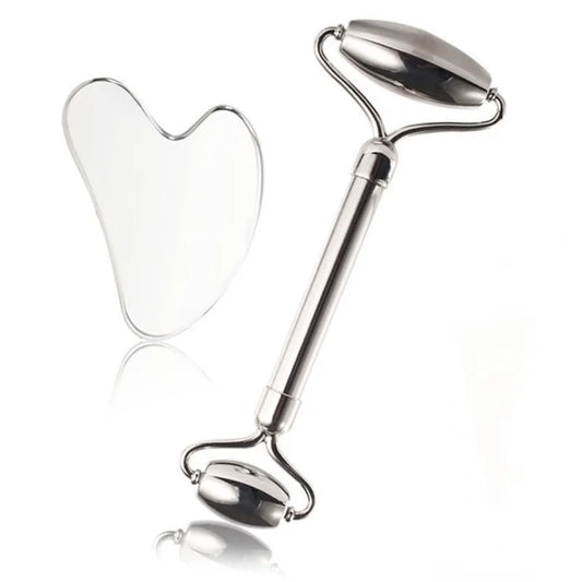 Ensemble de rouleaux faciaux et Gua Sha en acier inoxydable – Outils de massage rafraîchissants anti-rides