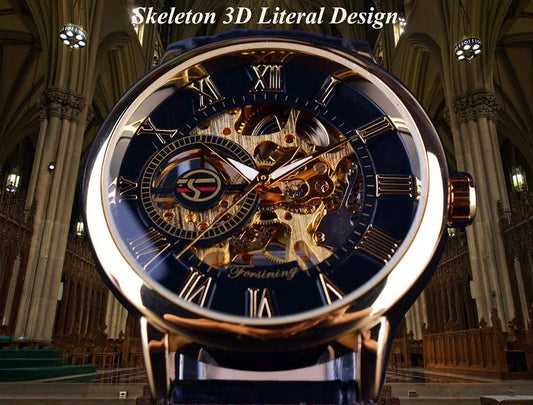 3D Logo Design Skeleton Mechanical Watch - Hollow Engraving Black Gold Case Leather Strap