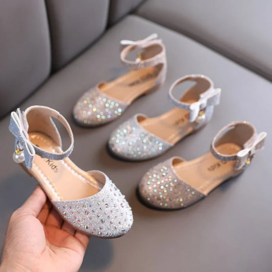 Sandales princesse pour filles, chaussures pour bébés, flambant neuves, pour fête de mariage, sandales plates d'été scintillantes, respirantes à la mode