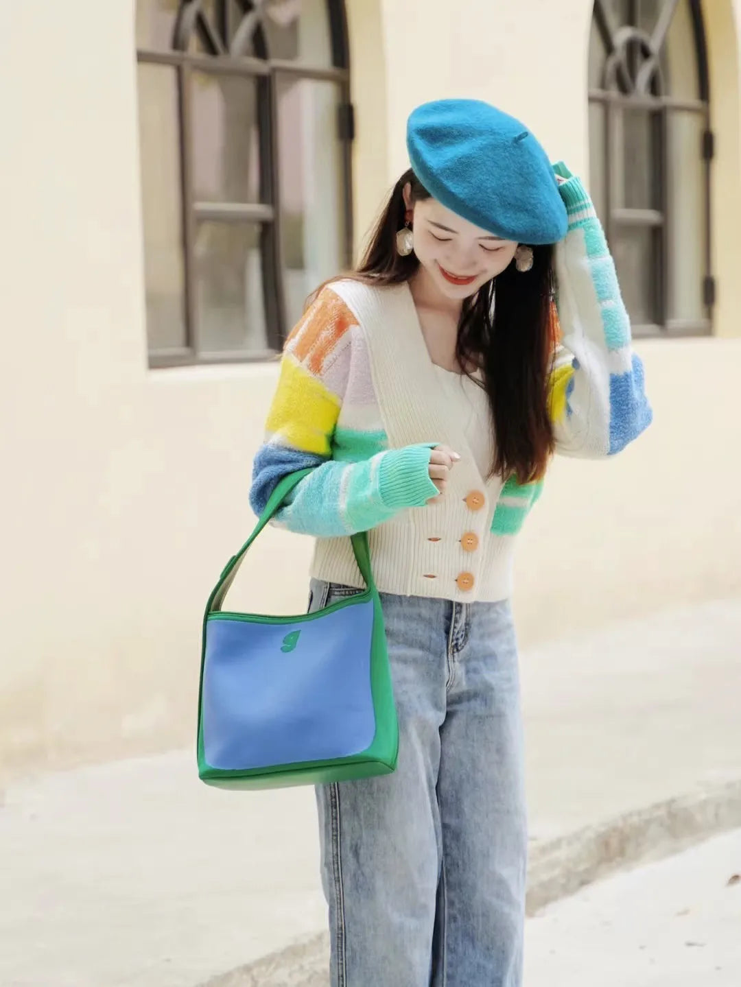 Women's Rainbow Striped Knit Cardigan – V-Neck Double-Breasted Sweater