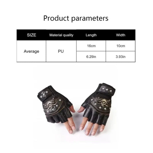 Gants sans doigts à rivets en forme de tête de mort – Style moto en cuir PU