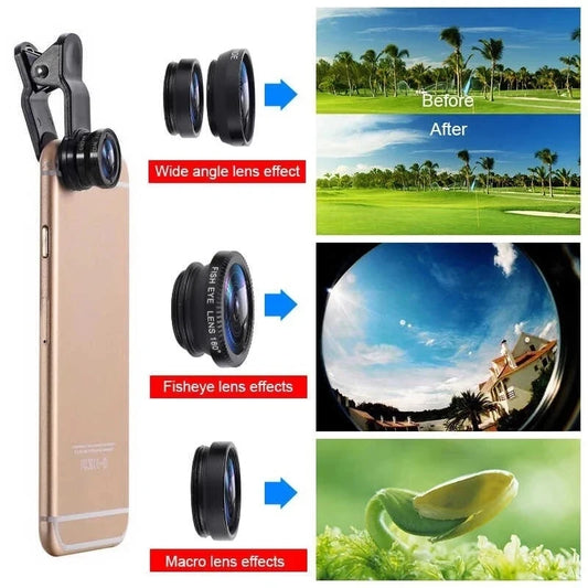 Wide Angle Mobile Phone Camera Lens Fish Eye Macro Lens for Iphone 7 8 6 X 11 Universal 3 In 1 Smartphone Fisheye Lens with Clip