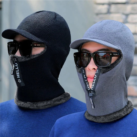 Men's Wool Ear Protection Warm Thick Bicycle Knitted Scarf Windproof Visors Cap