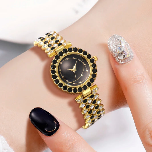 Ensemble de bijoux pour femmes, montres en acier inoxydable avec bracelet doré et strass