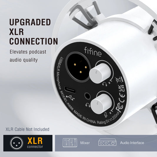 K688 USB/XLR Dynamic Microphone with Shock Mount, Touch-Mute, Headphone Jack, and Volume Control for PC and Sound Card Recording