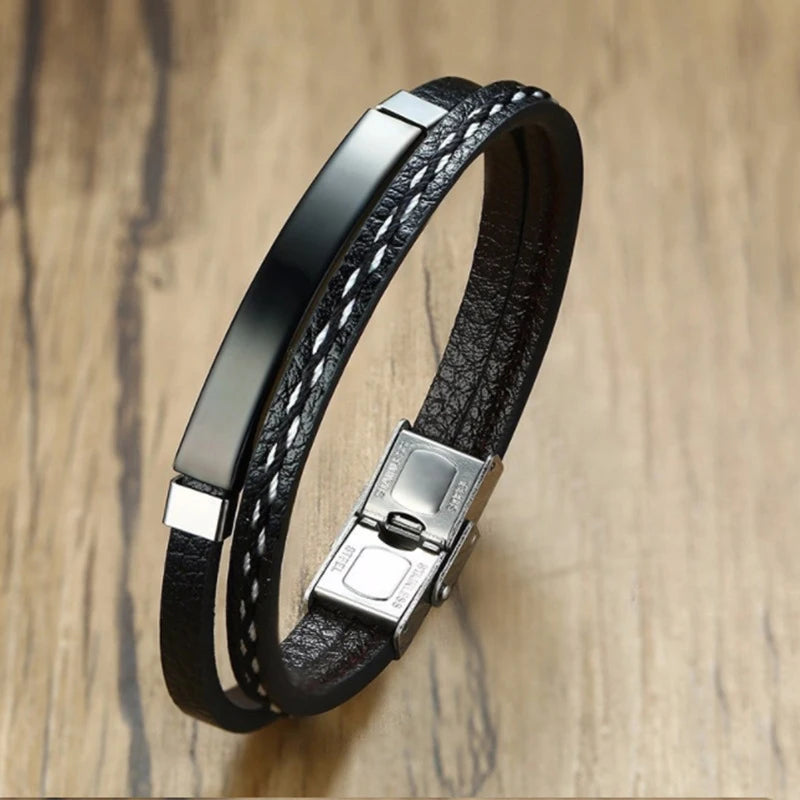 Stainless Steel Leather Charm Bracelet