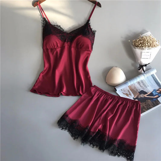 Women's Halter Pajamas 2-Piece Camisole Shorts Sexy Lace Breathable Comfort Wear