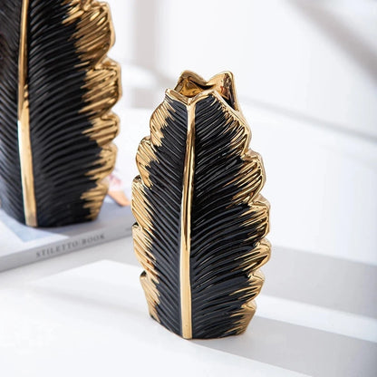 Black gold plating leaf ceramic decoration vase