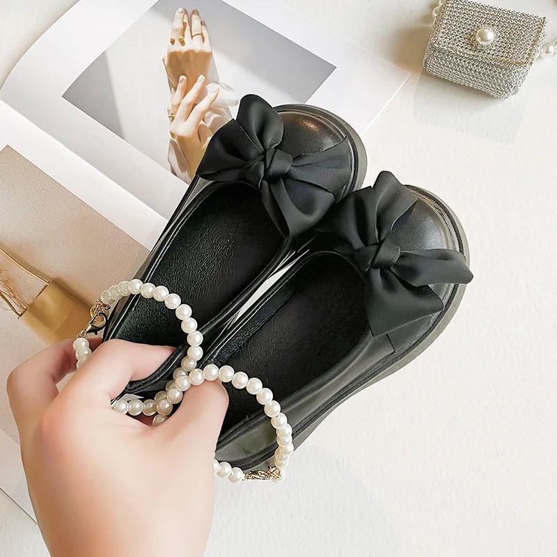 Girls Leather Flats Pearls Ankle Strap Chic Sweet Princess Shoes