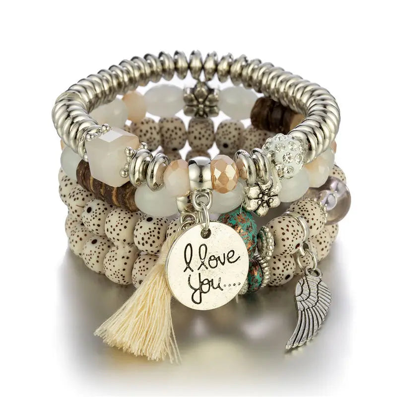 Feather Tassel Stone Beads Bracelet Set for Women