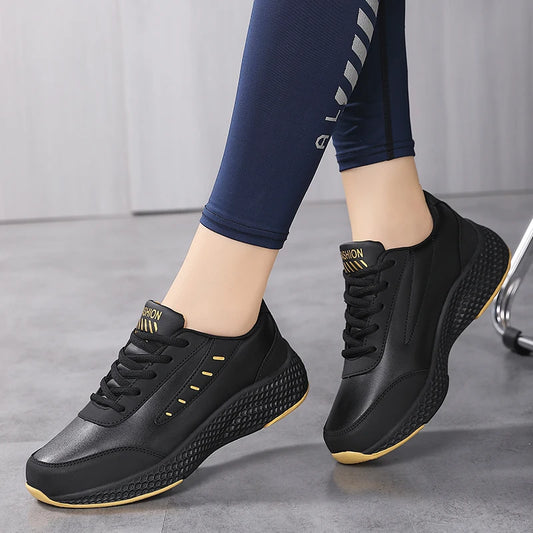 Women's Round Toe Leather Lace Up Sneakers
