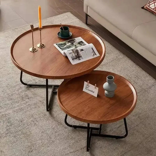 Table basse ronde avec canapé en bois à rangement ouvert