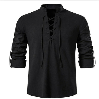 Men's Casual Long Sleeve V-Neck Lace-Up Top