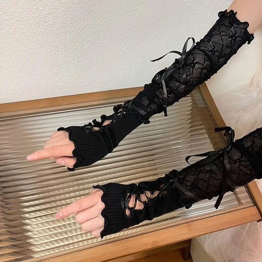 Gothic-Handschuhe aus schwarzer Spitze für Damen – elastisches Netz