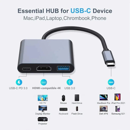 3-in-1 USB-C Hub – 4K HDMI & USB 3.1 Type-C to USB 3.0 Charging Adapter
