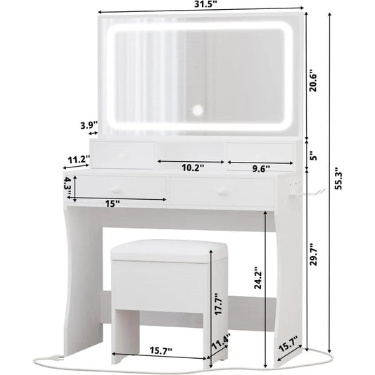 Desk with LED Lighted Mirror & Power Outlet & 4 Drawers, Makeup Table Set with Storage Stool and Hair Dryer Stand, White