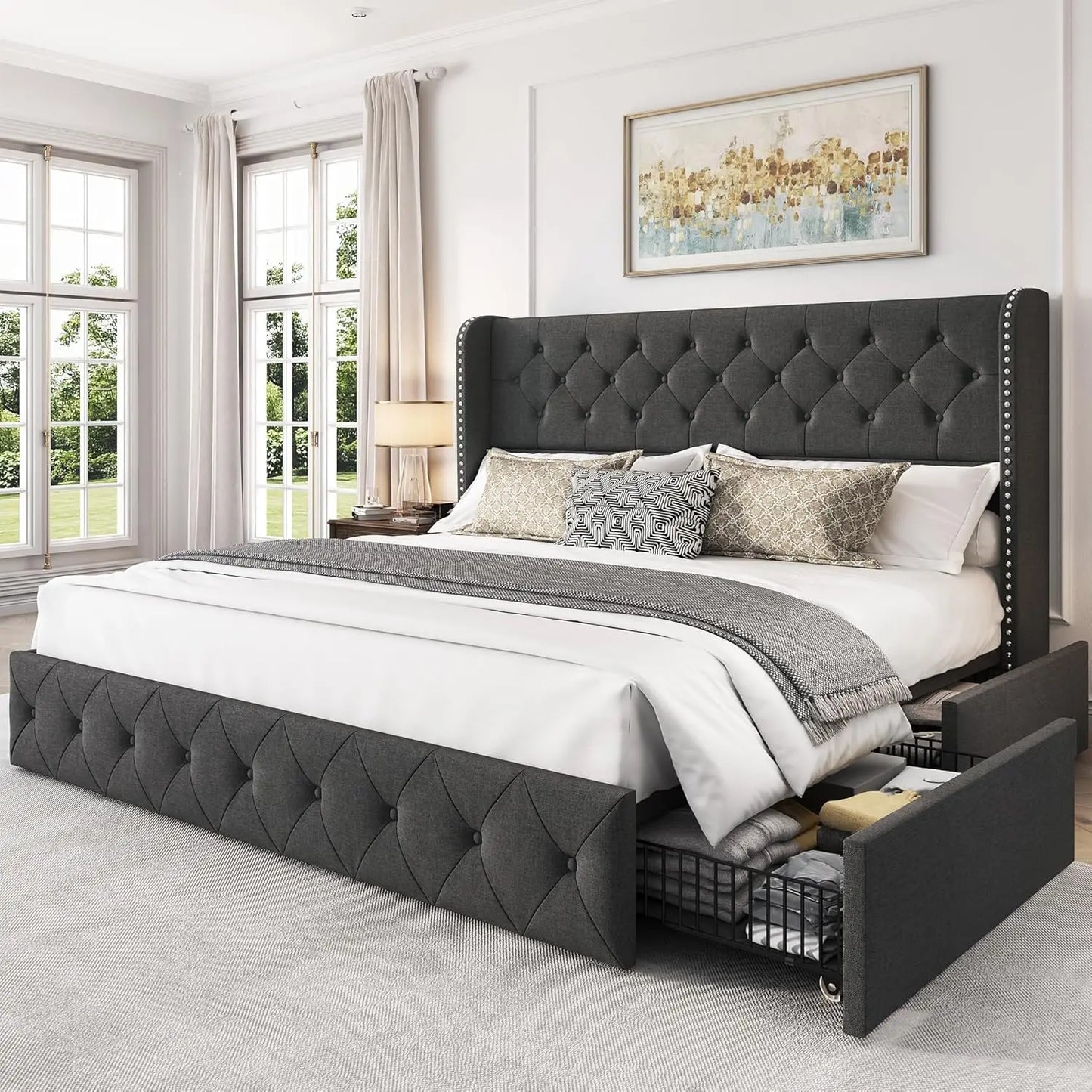 Queen Bed Frame with 4 Storage Drawers and Adjustable Headboard Upholstered Platform Bed