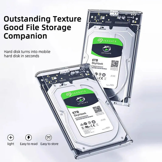 2.5 Inch HDD SSD Case, USB 3.0 Transparent Enclosure, External Hard Drive Disk Case