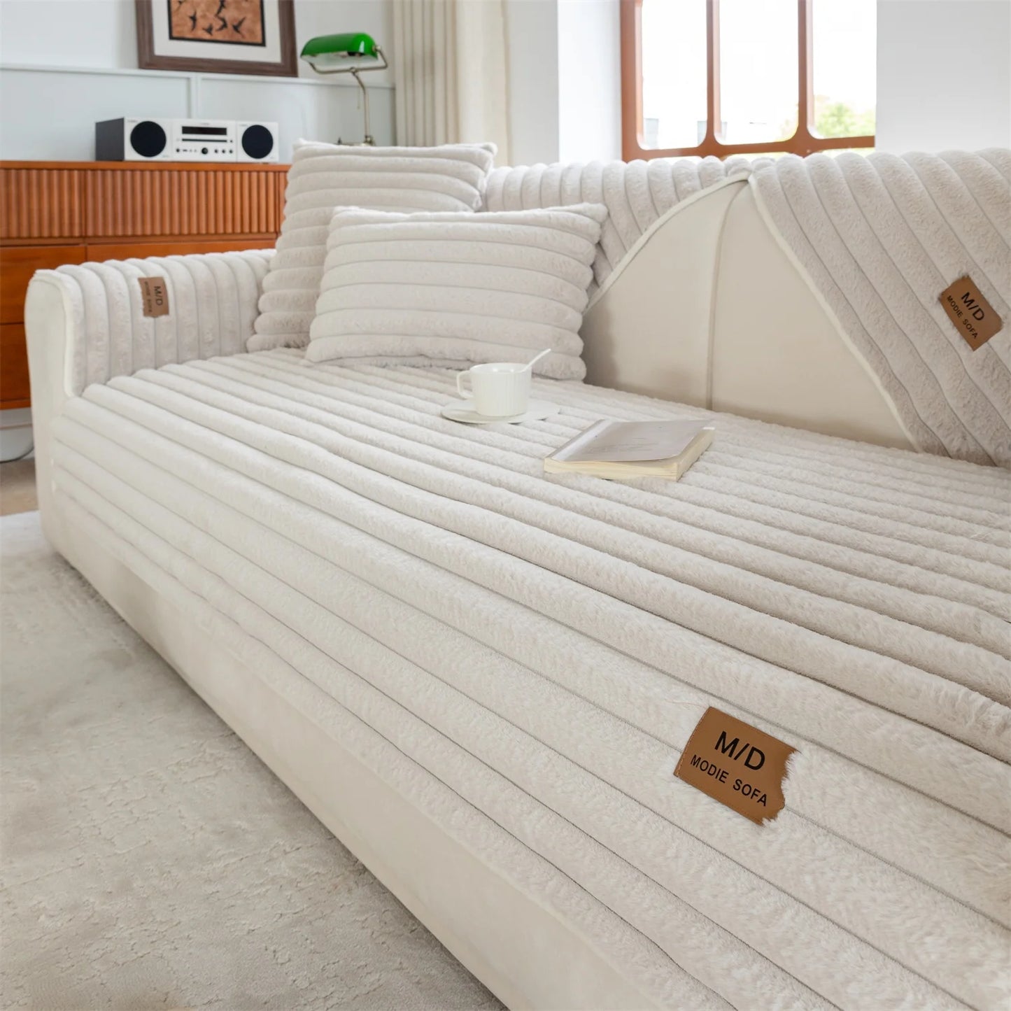 Housse de canapé en peluche imitation fourrure de lapin à rayures épaisses – Coussin de canapé antidérapant, housse et couverture en serviette