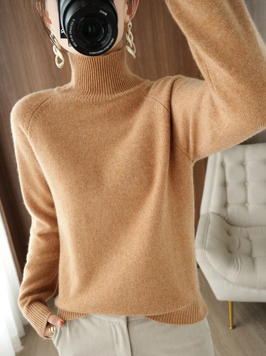 Women's Merino Wool Mock Neck Long Sleeve Cashmere Pullover Sweater