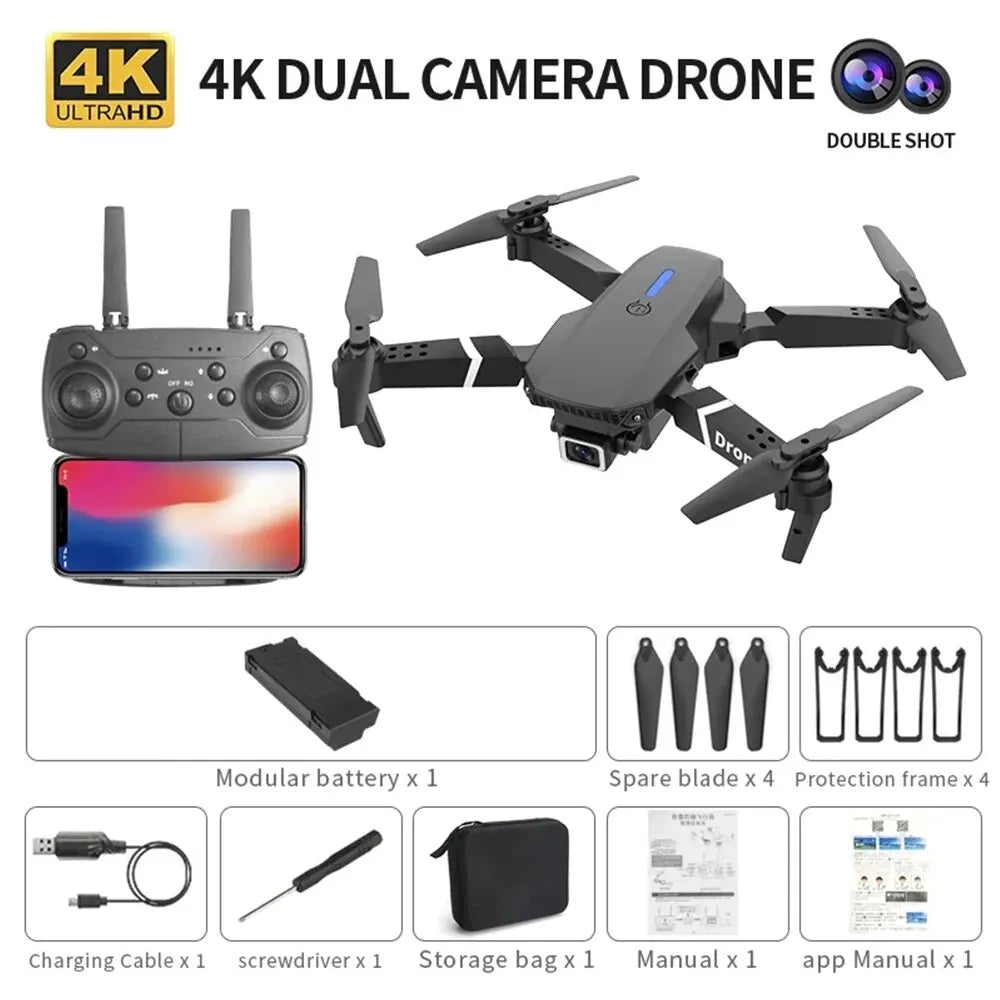 Drone RC pliable E88 – Caméra HD grand angle 4K 1080P WiFi FPV Hélicoptère quadrirotor à maintien en hauteur