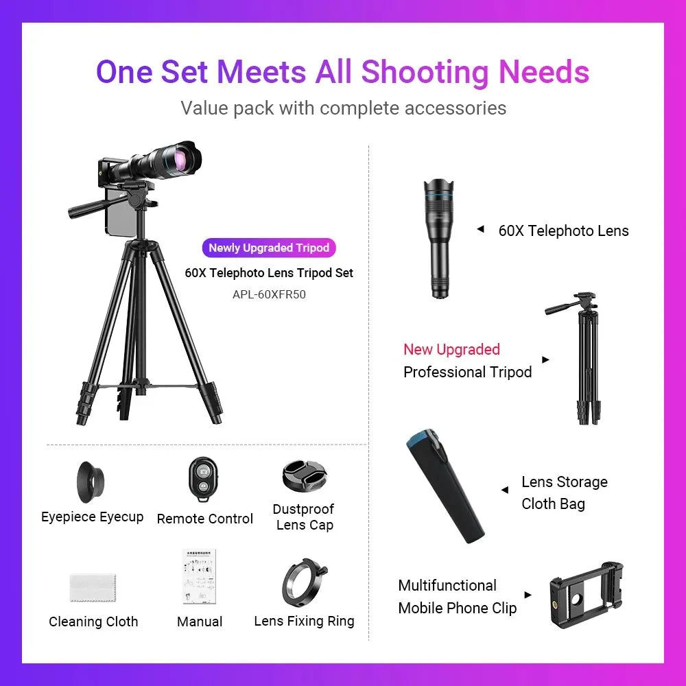 60X Mobile Phone Telescope Lens with Extendable Tripod