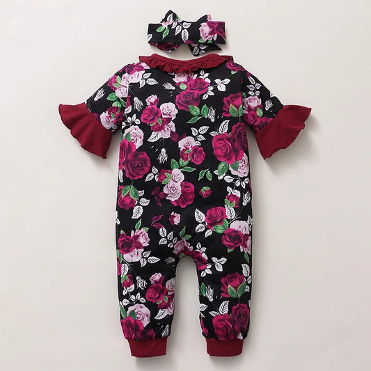Combinaison à volants et manches courtes pour bébé fille avec bandeau et motif floral rose