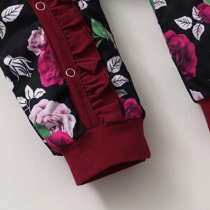Baby Girls Rose Floral Ruffle Short Sleeve Jumpsuit + Headband