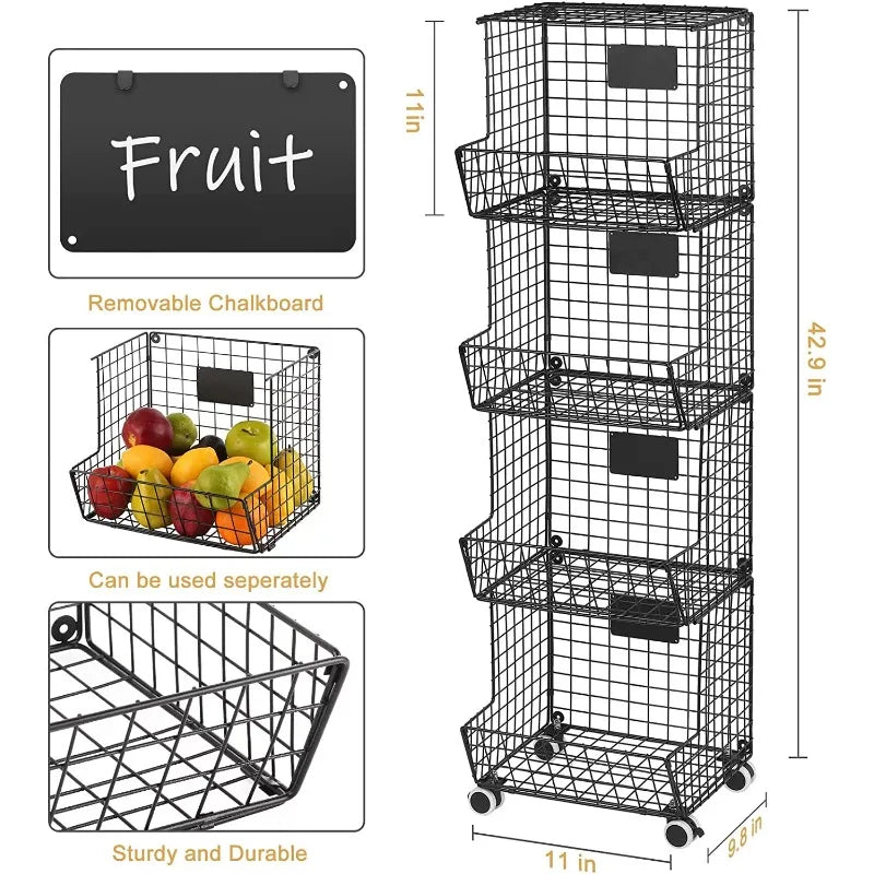 4-Tier Rolling Metal Fruit Basket Cart