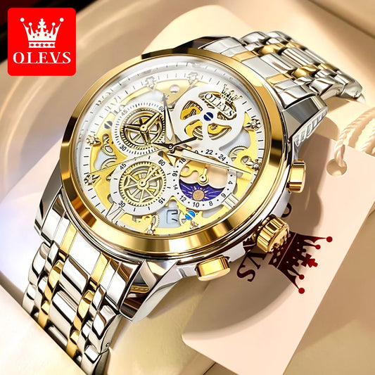 OLEVS Luxus-Herrenuhr mit Skelett-Design in Gold