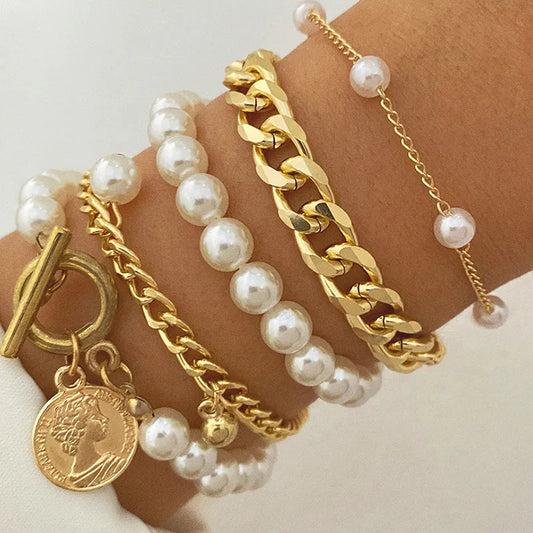 Women's Geometric Pearl Gold Beads Bracelets