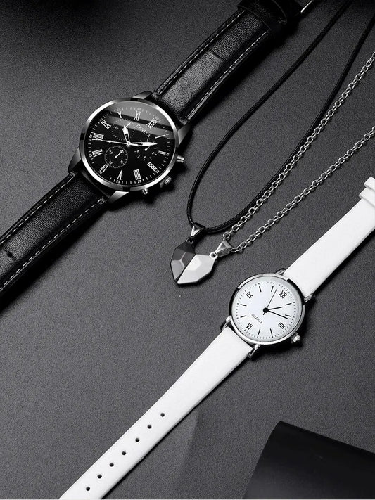 Lot de 4 montres à quartz personnalisées pour couple, hommes et femmes, collier avec pendentif d'amour