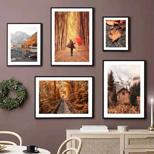 Autumn Forest Canvas Print - Log Cabin & Maple Leaf Nature Wall Art