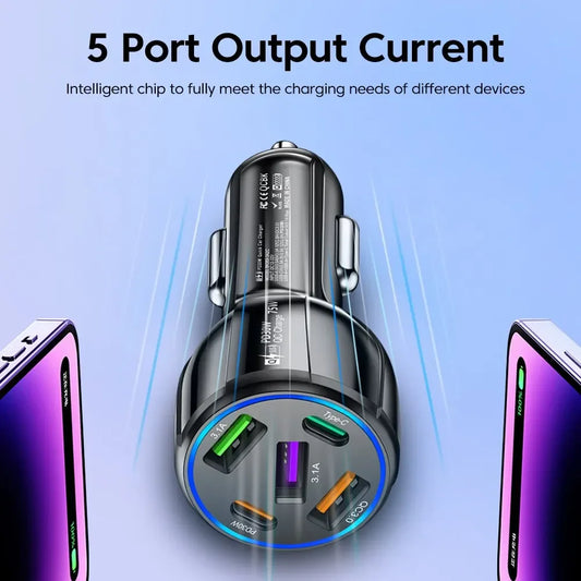 Chargeur de voiture USB 75 W - Adaptateur de charge rapide à 5 ports