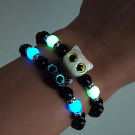 Matching Couple Bracelets - Luminous Black White Cat Head Bangles for Women Men - Glow-in-the-Dark Friendship Gift