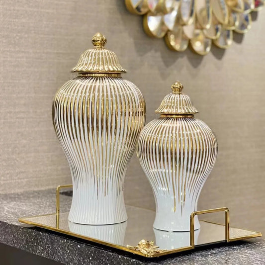 Electroplated Gold Plaid Ceramic Jar